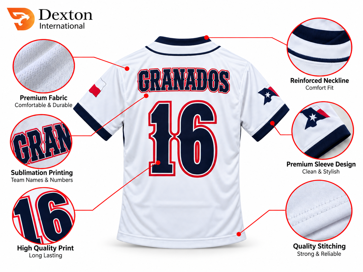 White navy and red custom baseball jersey shown from back