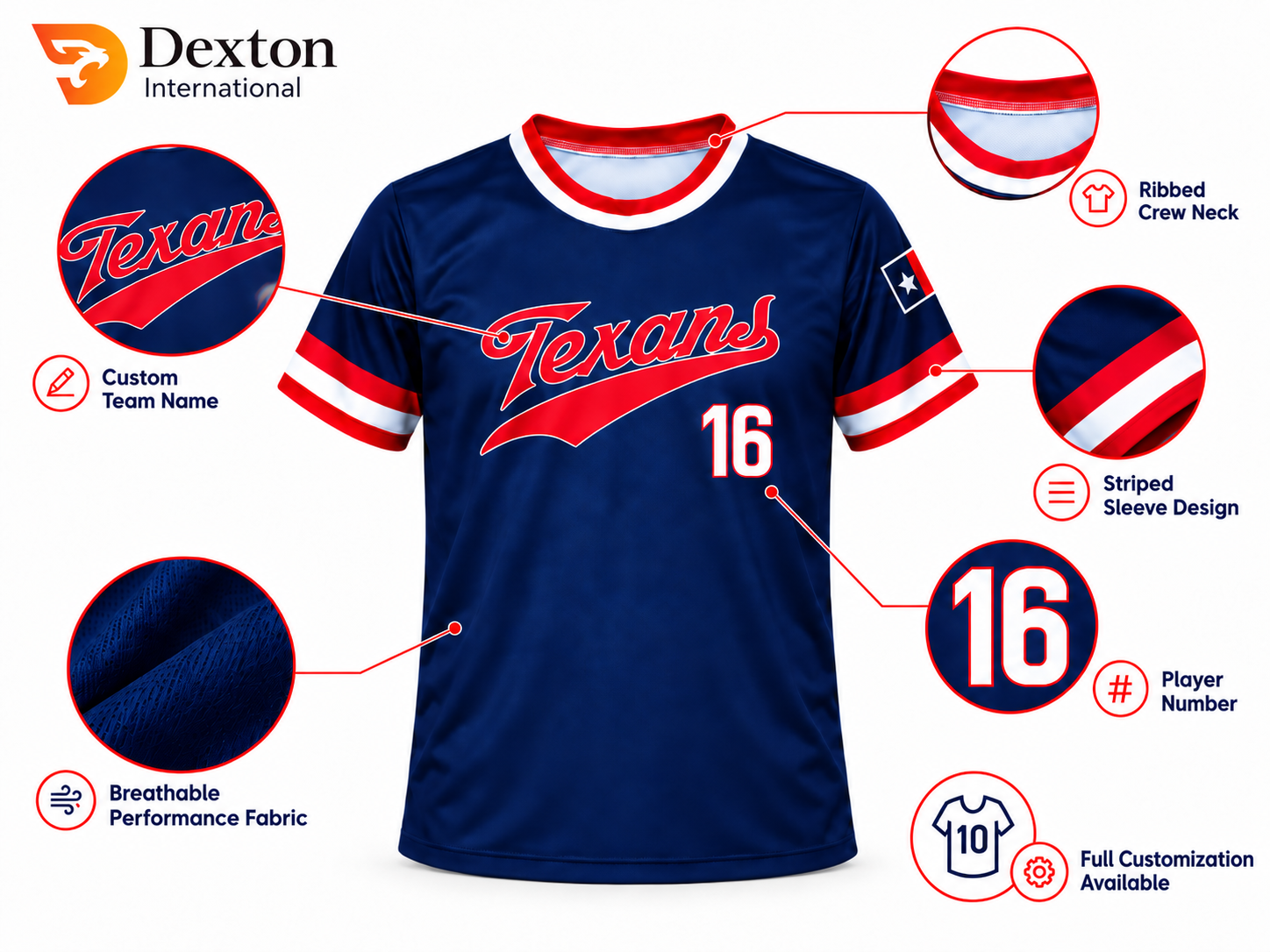 Navy blue softball jersey front view with red and white details